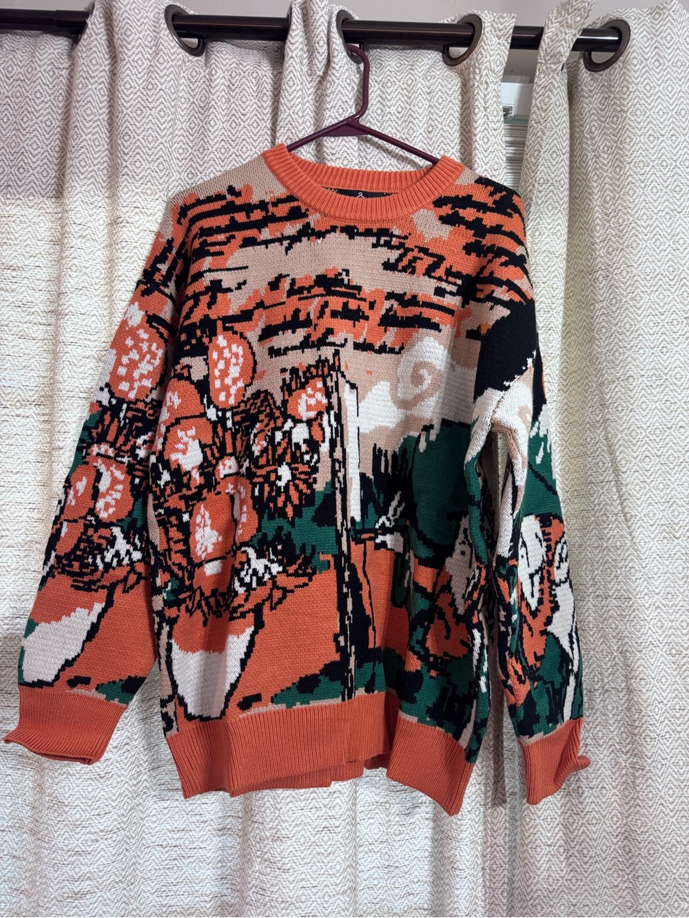 Oversized Floral Graphic Sweater - Rust & Green